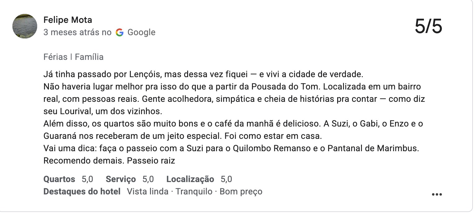 Avaliação de Felipe Mota no Google, nota 5 de 5